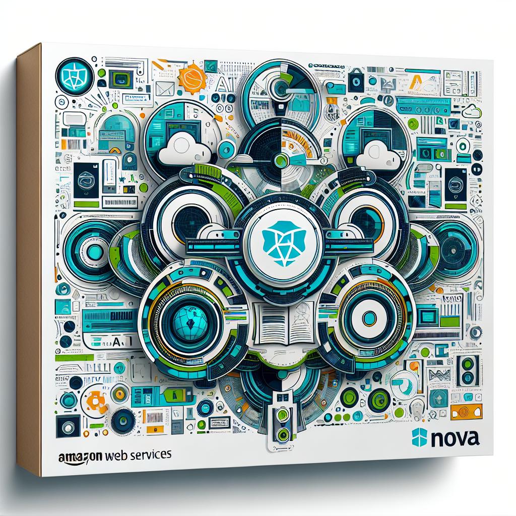 Design a futuristic collage in a 2D, linear, vectorial, and corporate style, illustrating the Amazon Web Services' new family of AI models called Nova. The image should be set on a plain white background, void of texture. Place emphasis on the multifunctionality of Nova, depicting representations of the AI's textual, image, and video generation capabilities. Use vibrant shades of blue and green throughout the composition, symbolizing innovation and technological advancement. Include graphic icons representing text, image, and video to elaborate on the multimodal capacity of the new models.