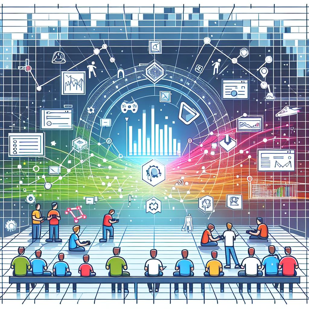 Create a 2D, linear perspective, vector illustration in a corporate, flat style. The image should depict the interconnection between online game players in a gaming environment, underlining the use of data and graphics to predict behaviors and player retention. Important visual elements include: graphs symbolizing data analysis and predictions; player icons representing the gaming community; a digital background that mirrors the infrastructure on which games operate; and vibrant colors that draw attention and reflect the dynamic nature of games. The backdrop of the image should be white and without any texture.