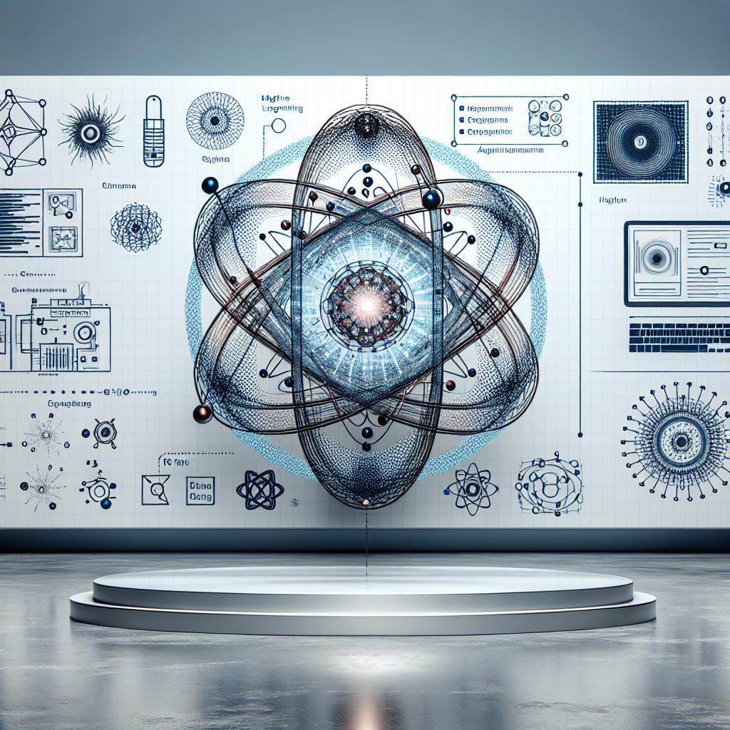 Depict a futuristic and technological setting showcasing a symbolic representation of an atomic interferometer in operation. Display an imagery that suggests the use of machine learning enhancing the sensitivity of quantum sensors in the search for elusive dark matter. Set the image against a texture-less white background with a flat corporate style, drawn in a 2D linear perspective. Also, design elements such as dark spaces indicating the mysteries of the universe, light effects signifying the interaction of normal matter with dark matter, as well as quantum structures symbolising the complexity of quantum physics should be integrated.