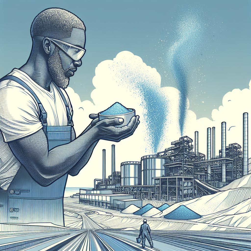 Render a 2D, linear perspective, vector-style corporate image set against a texture-less white background. Visualize a panoramic view of the MP Materials establishment, representing the resurgence of the rare earths industry in the United States. Show a African-American male worker in the foreground, handling rare earths powder, symbolic of the crucial end product that fuels various technologies. In the background, illustrate the industrial facilities, signifying modernization and investment in the sector.