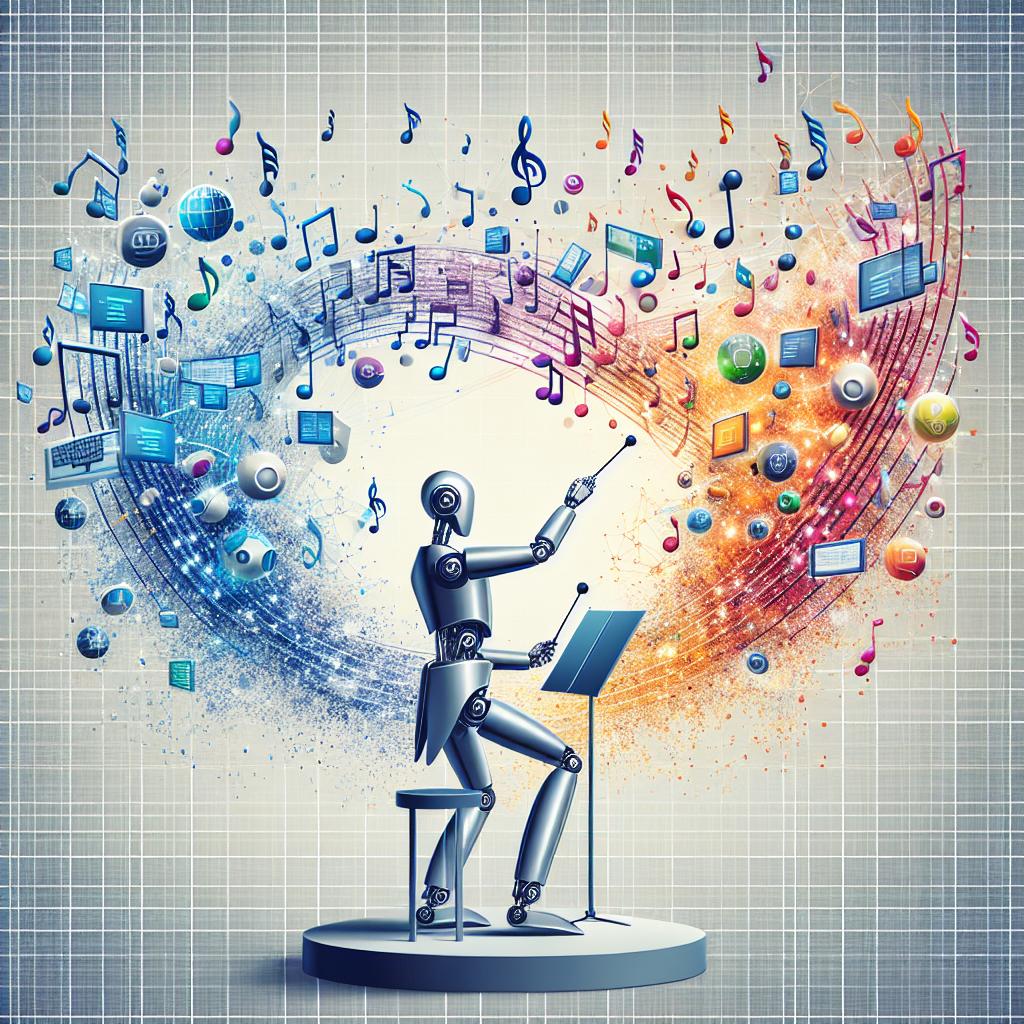 A 2D, flat style, corporate vector image showing a robotic maestro conducting an orchestra comprised of digital elements, symbolizing the harmony between different AI technologies. The image is set against a white, texture-less background. The maestro is seen coordinating complex systems while vibrant musical notes, representing the flow of information between systems, float around. The backdrop is made up of a digital network to emphasize interconnectedness. Adorned in this digital setting are the icons of popular software systems, implying compatibility. The image overall exudes a sense of technological innovation and dynamism.