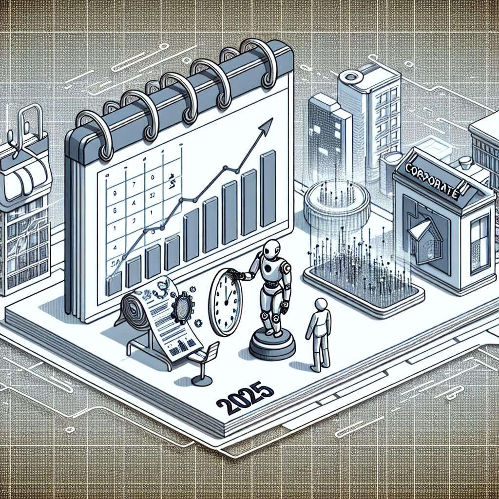 Imagine a vector-style, corporate image in a 2D, linear perspective. The scene is on a plain white, texture-less background in the year 2025. In the foreground, a robot represents automation and innovation through AI, interacting with a calendar symbolizing foresight and planning for that year. Around them, encapsulated scenes of an office environment hint at an integrated corporate world with AI applications. Ascending graphs indicate the anticipated return on investment from these AI applications, reflecting the idea that AI orchestration will become essential for businesses.