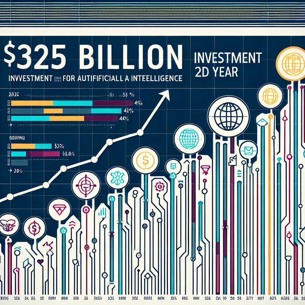 A flat, vector-style, corporate 2D linear image on a white, textureless background showcasing the investment plans for artificial intelligence by leading technology corporations for the year 2025. The statistic of a $325 billion investment, a 46% increase from the previous year, is highlighted with distinct color codes for each corporation to differentiate their individual contributions. Growing arrows represent an increase in expenditure compared to the previous year. For immediate visual identification, symbolic representations for each corporation are implemented rather than their logos.