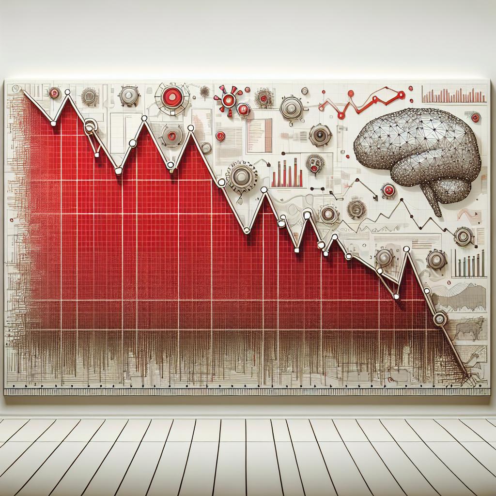 An image in a 2D linear perspective representing the financial market turmoil. The background of the image is plain white, with no texture. The picture's style, inspired by a corporate, vector art design, features declining red charts, symbolizing the depreciation of stocks. The backdrop of the canvas is adorned with neutral-colored icons of artificial intelligence, symbolizing the emphasis on the technology sector. The red and neutral colors evoke feelings of tension and uncertainty.