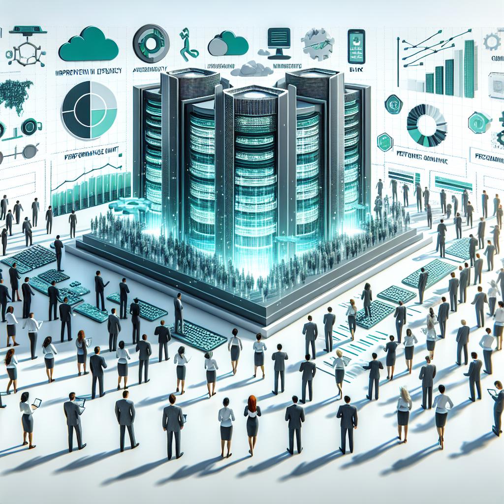 Create a 2D, flat, corporate style image with a white, textureless background, showing a futuristic scenario of the new IBM Granite 3.1 large-scale language models in action. The image should include graphic representations of their efficiency and capacity. Include performance charts to represent improvement in efficiency, computing icons to symbolize accessibility and business use, and use shades of blue and green to indicate technology and innovation. Represent a collaborative team of mixed gender professionals from multiple descents such as Caucasian, Hispanic, Black, Middle-Eastern, and South Asian to reflect wide business adoption.