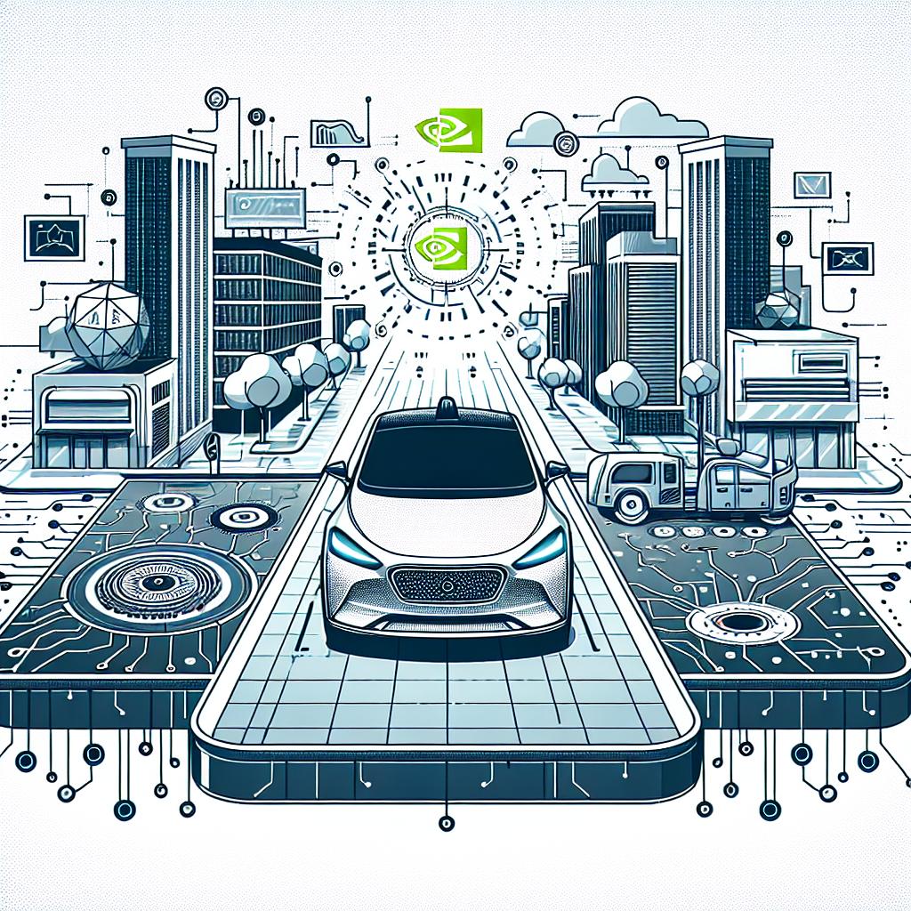 Create a 2D, linear perspective illustration in a vector, flat and corporate style. The image is set against a white, textureless background. It features an autonomous vehicle in a futuristic urban setting, representing the innovation Nvidia is introducing. The car should be portrayed in motion, surrounded by elements that signify artificial intelligence, such as electronic circuits and real-time data. This futuristic urban landscape symbolizes the future of mobility. The advanced technology is represented by electronic circuits, while the integration of AI is shown through real-time data cues.