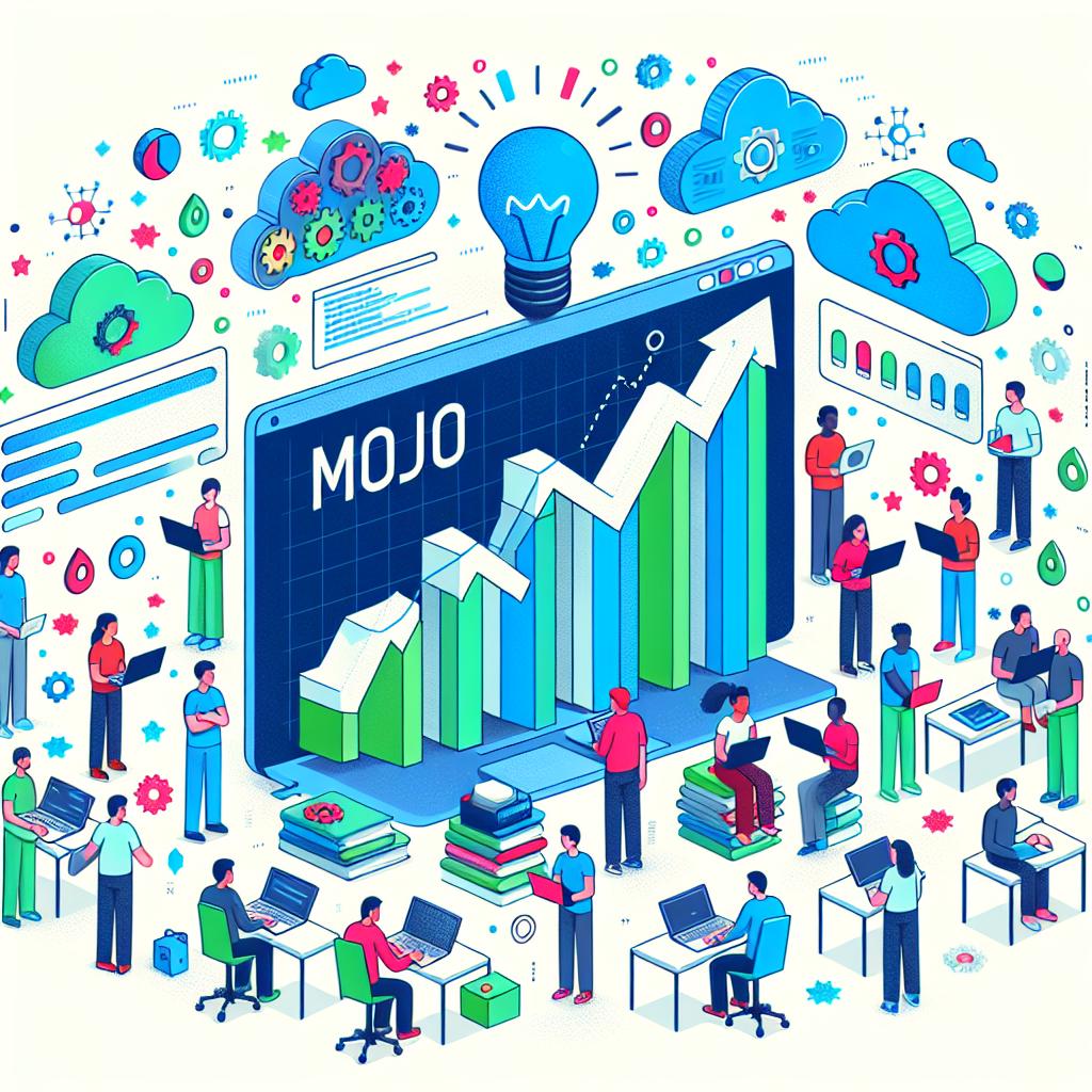 Create a 2D, linear perspective, colorful vector flat corporate style image. Set on a plain, white background, the image represents the rise of a promising new programming language called Mojo, which was launched in May 2023. With its ease of use and high performance, especially for AI and ML solutions, it satisfies the growing disappointment among software developers as pointed out in Stack Overflow's research. The image should include a growth chart demonstrating the increasing use of Mojo. Scattered around should be software developers of diverse descents and genders hunched over laptops, signifying the innovation and evolution in the field of programming. All people should be colorful uses of shades of blues and greens to convey the concept of innovation and technology.