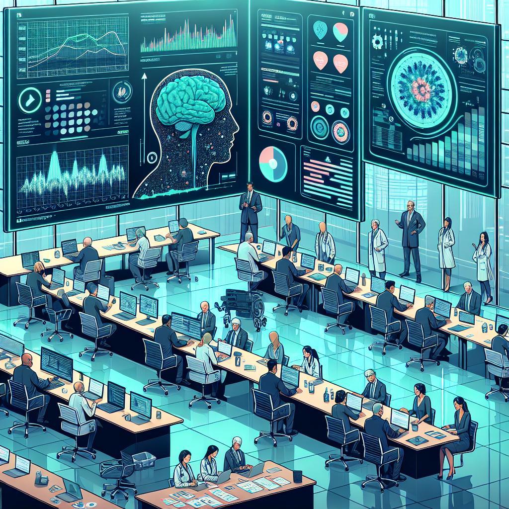 This is a vector-style, corporate, flat image. The scene is set in a 2-dimensional, linear perspective style. In the midst of a hackathon held on February 3rd and 4th in 2025 in Paris, global specialists are working together to unearth innovative solutions for battling glioblastoma, one of the most aggressive brain cancers, utilizing state-of-the-art data and artificial intelligence tools. It displays teams of various descedent scientists and healthcare professionals passionately discussing and analysing data, with charts and stats about glioblastoma evident on screens in the background. The color palette uses shades of blue and green to convey a sense of technology and hope. The tables are marked with the logos of three generic scientific organizations.