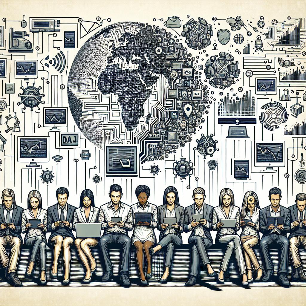 Generate a detailed vector and flat 2D image, in a corporate style, illustrating the partnership between a major tech giant and a news editor. The backdrop is a clean, untextured white canvas that symbolizes the contemporary landscape of journalism coupled with technological elements like computers and data. Additional components include scattered computers that are symbolic of the integration of technology in journalism and data graphs suggesting real-time information analysis. Two logos, representing the tech giant and news editor, are aptly highlighted. Illustrations of diverse people of all genders enthusiastically reading news on electronic devices symbolize the global digital news consumer population, while AI illustrations underpin the role of artificial intelligence in content production.