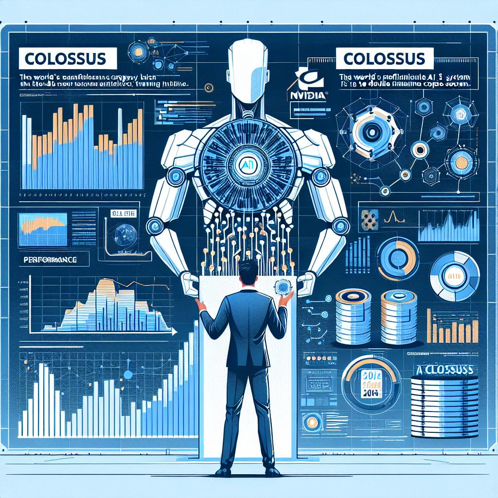 Highlighting a significant event in the AI industry held on September 2, 2024, a corporate leader unveiled the Colossus, the world's most formidable AI training system. Developed in partnership between tech company xAI and Nvidia, it's set to double its capacity soon. The image showcases this corporate leader presenting the Colossus system, signifying the future of artificial intelligence. Depict this scene in a 2D, linear perspective, in a vibrant vectorial and flat corporate style. Focus elements include the corporate leader, the xAI logo, performance graphs illustrating Colossus's power, and a technological backdrop reflecting tech industry ambience. Background should be a texture-less white.