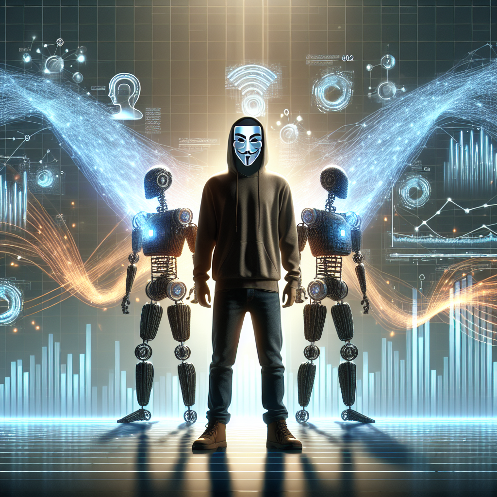 A 2D, vector, flat, and corporate style image on a white and textureless background. Picture this, an anonymous musical artist, who is of a Caucasian descent, stands on a digital stage. The artist is surrounded by several visually unique robots, symbolizing the bots used for inflating streams. Entwining, glowing strings of code represent intelligent algorithms, illustrative of the AI technology used in the fraudulent activity. In the backdrop, are soaring streaming analytics graphs portraying the fraudulent increase in streaming statistics. All these elements are fused in a virtual stage, denoting the digital environment where the fraud occurred.
