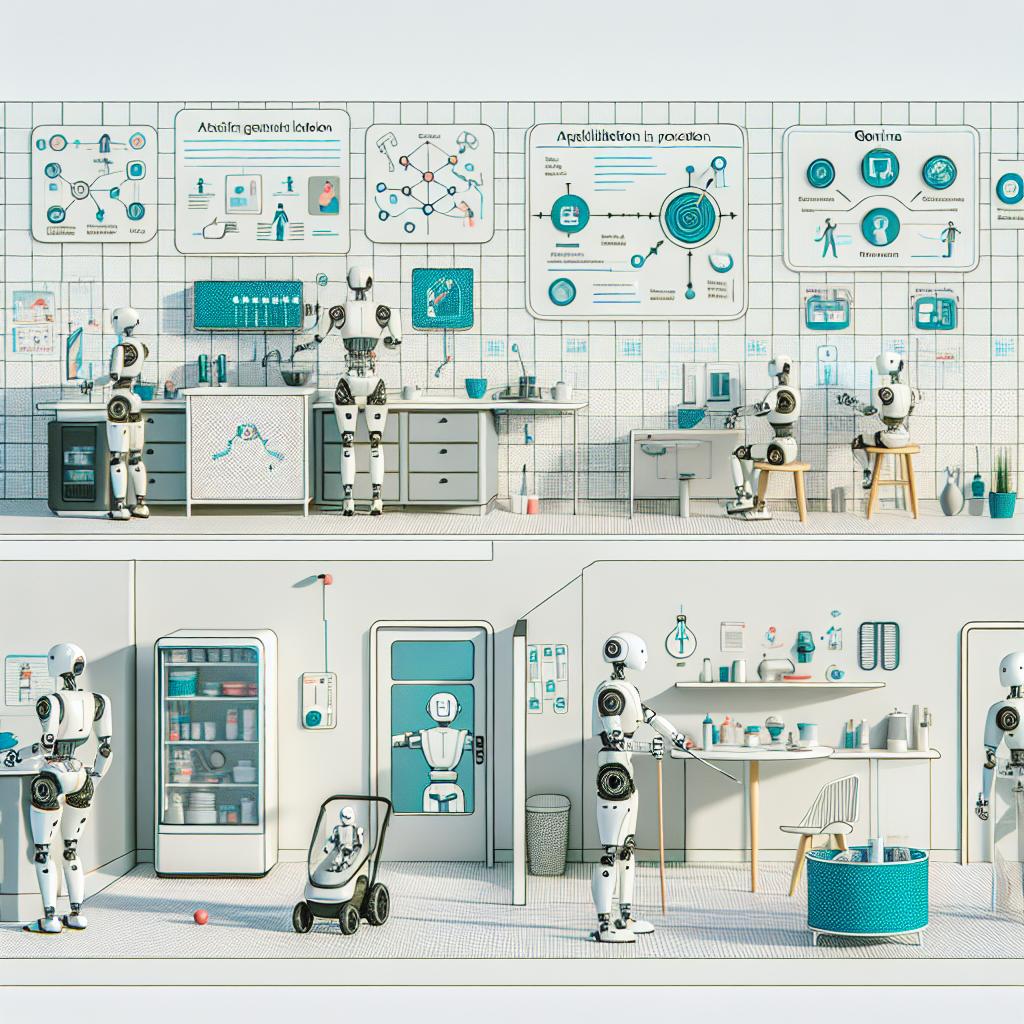 The setting is in the Robot Learning Lab in London where researchers have developed 'Genima', a system that utilizes generative AI models for creating images that assist in robot training. Picture a futuristic scenario where robots perform various domestic tasks. There is a white and textureless background. In a 2D, linear perspective, robots are shown in a vector, flat style. They represent the applicability of Genima in different contexts. The supplementary elements are a visual interface marked out to draw attention to ease of use and human interaction. There are also scenes of the robots performing tasks, illustrating the diverse functions they can carry out.