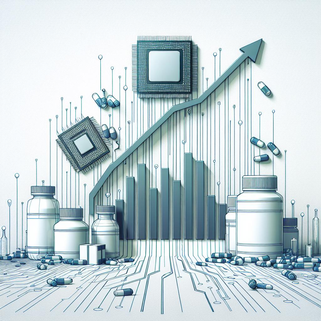 Create a 2D, linear perspective image with a flat, corporate, vector style. The backdrop is untextured white, symbolizing a canvas where innovation and growth in the pharmaceutical and tech field come together, thus hinting at the partnership between these two disciplines. Center-stage are computer chips representing the technology involved, provided by AMD. Next to them are bottles of medicine, symbolizing the pharmaceutical industry and particular the work of Absci. Superimposed on this backdrop is an ascending line graph, embodying the concept of substantial growth and constant innovation in this collaborative effort. The entire image should imbue an impression of a thriving relationship between technology and healthcare.