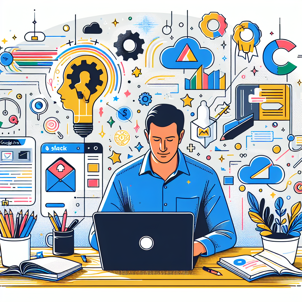 Create a flat, corporate-style, vector image set in a 2D linear perspective. The image should depict a Hispanic marketing professional using the Notion AI on a laptop. The surroundings should depict a modern, inspiring workspace symbolizing collaborative work. Integrate icons representing Google Drive, Slack, and Notion documents, signifying the AI's integrations. Colors should be vibrant to convey energy and dynamism. Also, include a stylized drawing of the Notion AI software, adding a friendly and accessible touch. Notes and drafts scattered around the workspace should illustrate creativity in action. The backdrop of the image should be white and texture-less.