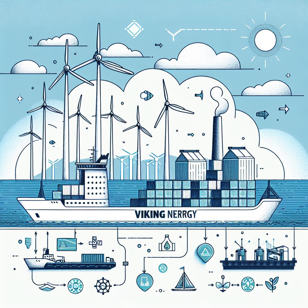 Create a 2D, linear perspective, vector illustration using a corporate flat style. The scene showcases a Viking Energy ship at sea, symbolizing marine transportation innovation. The sky is depicted in a clear blue color, representing a sustainable future. Near the ship, there are port facilities indicating the transition to alternative fuels. Clean technology symbols are scattered in the scene, reinforcing the sustainability message. All these elements are drawn against a white, textureless background.