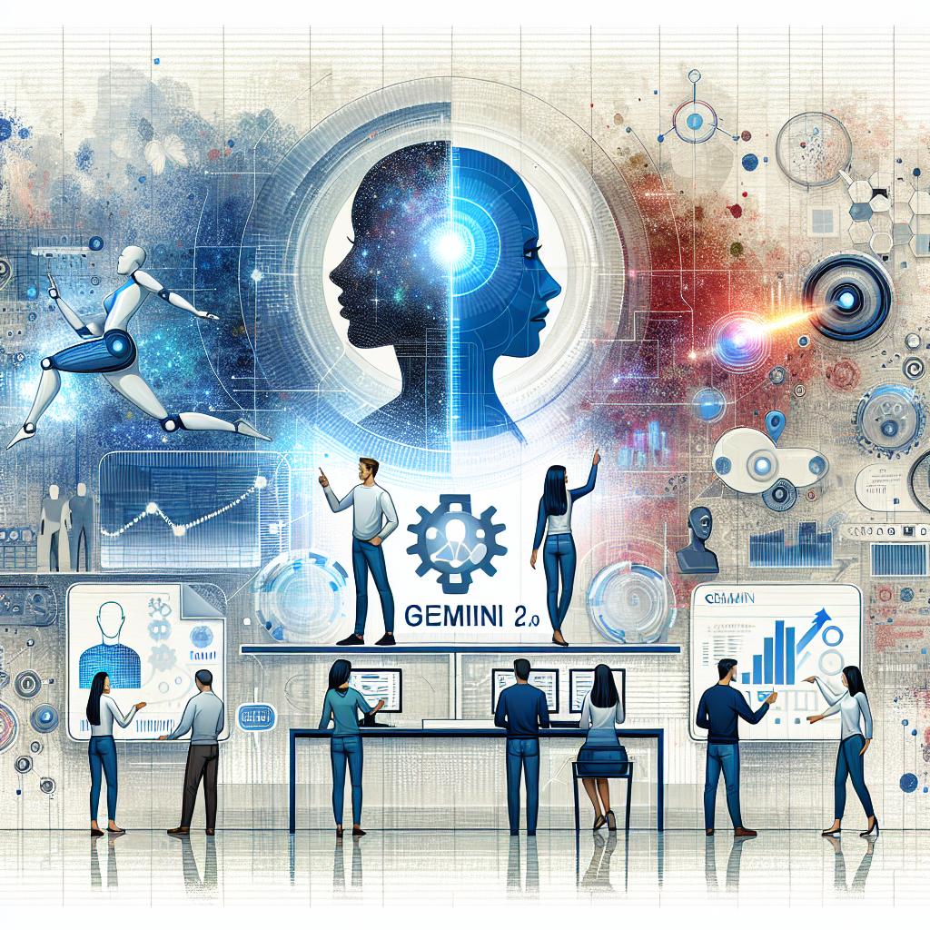 Create a conceptual image in 2D, linear perspective with a Vector, Flat, and Corporate style. The setting is futuristic with a textured, white background and it visualizes humans interacting with artificial intelligence. The central figure is a gender-diverse panel of Caucasian, Hispanic, and Middle-Eastern individuals interacting with an AI. Elements of advanced technology and futuristic aspects can be seen illustrated in the background. The Gemini 2.0 logo, representative of a new era of AI, stands out prominently in a corner. The colors utilized are primarily shades of blue and white to depict technology and trust. In the backdrop, abstract representations of data graphs and algorithms emphasize the analytical nature of AI.