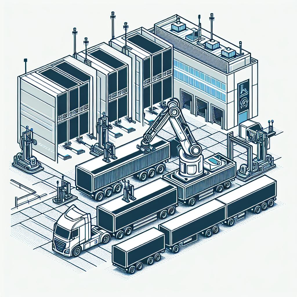 Generate a 2D, flat, linear styled corporate vector illustration on a clean white background. The image should feature an autonomous yard dog truck in operation at a distribution yard, symbolizing the innovation in logistics. To demonstrate the machine's autonomy and efficiency, the truck should be equipped with AI technology and a robotic arm for attaching and detaching trailers. The distribution yard should be represented as an operational environment with multiple trailers being handled by the autonomous yard dog. This image is to emphasize the yard dog's functionality, made possible by its reinforcement learning technology.