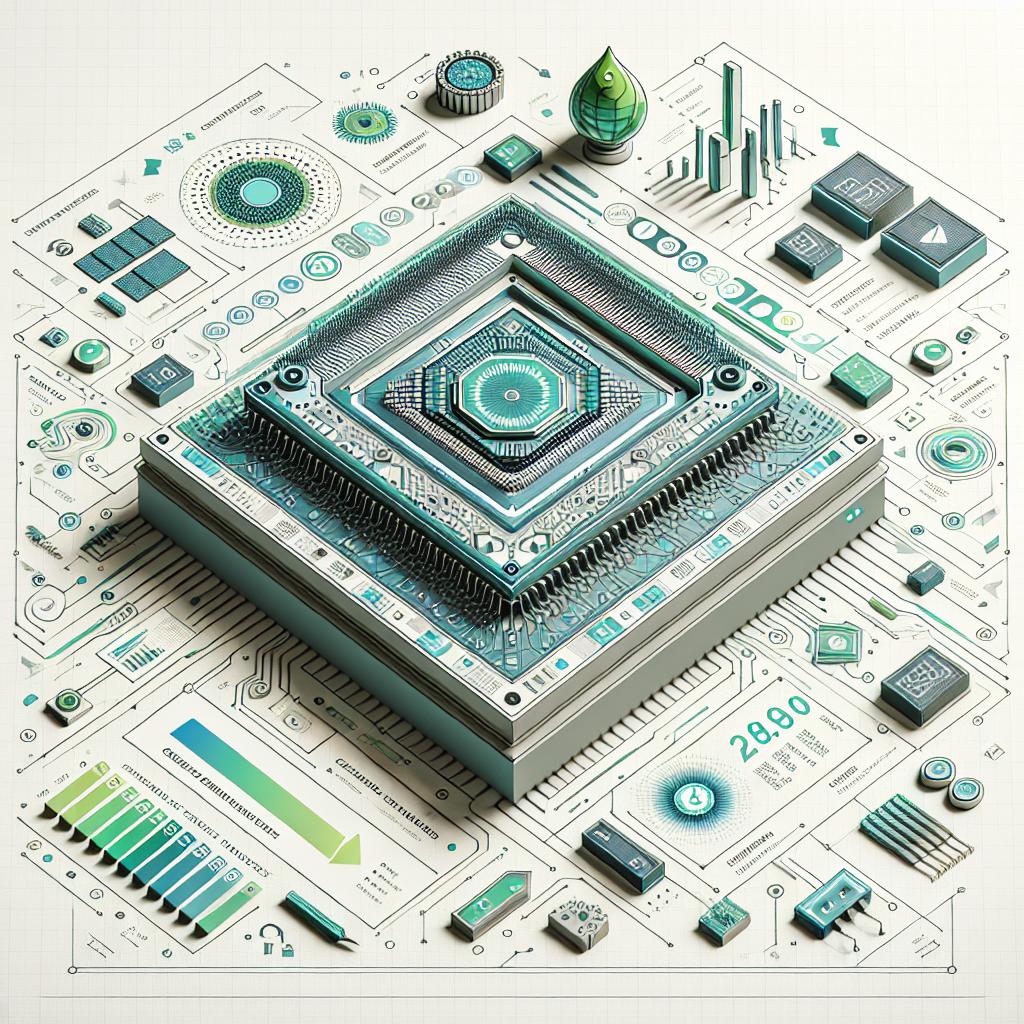 Create a 2D, linear perspective image using a flat, vector style on a white, untextured background. The image should visually represent the innovative analog chip technology of the tech startup company Sageance. Infuse it with futurist elements and a color palette that communicates innovation and sustainability. The main elements should include intricately designed integrated circuits, representing the crux of analogue technology. Also feature energy consumption charts, illustrating the promised savings. Add symbols of sustainability to underscore the company's environmental mission. Use green and blue colors to symbolize innovation and clean technology.