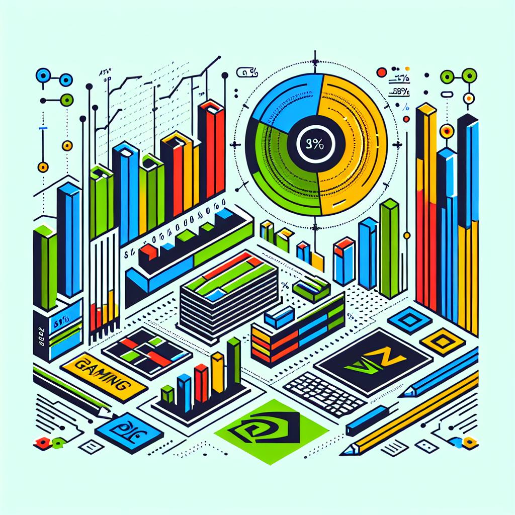 Create a 2D, corporate-style vector illustration on a plain white background. The image features two main elements: graphs and company logos. The graphs display the revenue growth of AMD by percent in various market segments, notably the data center and gaming sectors. The logos of AMD and Nvidia are placed in a manner that contrasts the two entities in the market. The image should be designed with vibrant colors signifying innovation and technology.