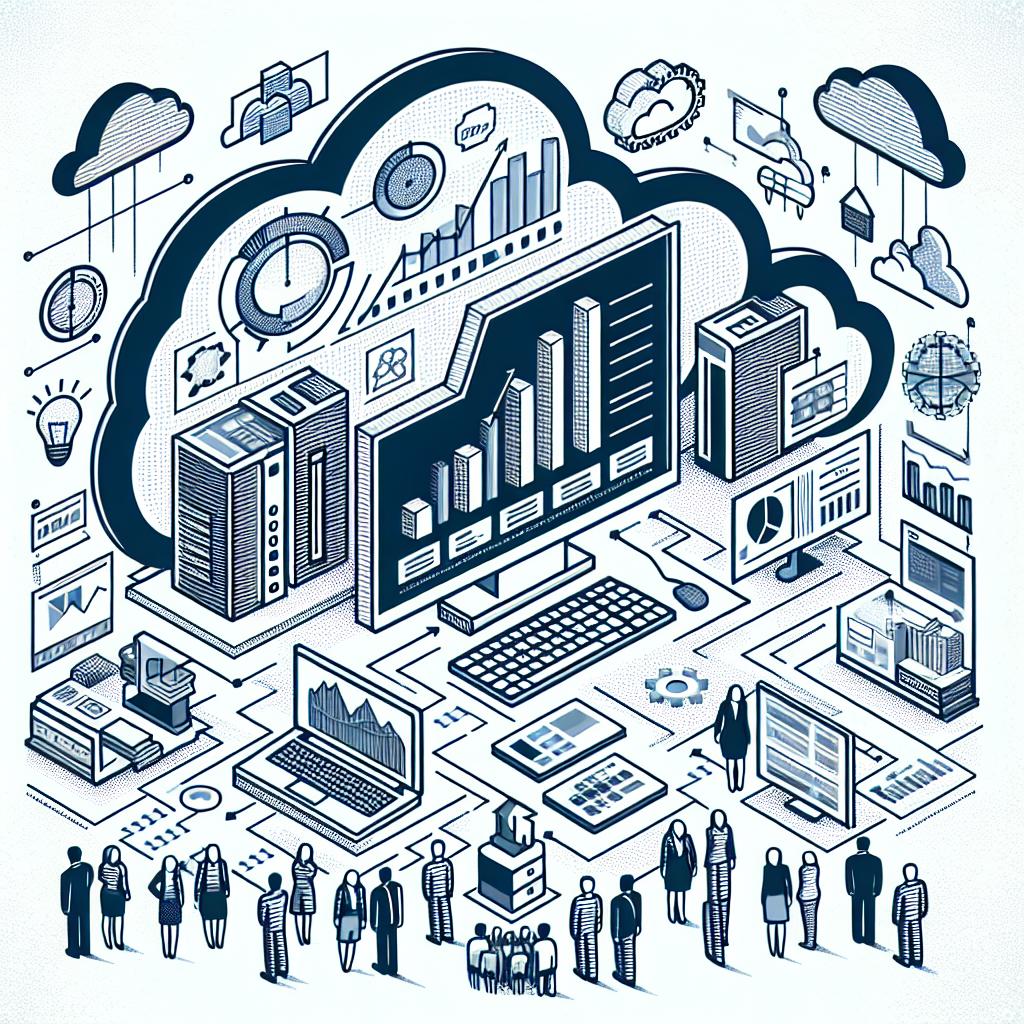 Create a 2D, linear perspective image in a vector, flat, and corporate style. This should capture the essence of a 'Lakehouse Optimizer' tool set in a technological environment, highlighting automation and data management efficiency. The background should be white and textureless. The image should contain the following elements: computers, symbolizing the technological environment; performance charts, symbolizing efficiency; people of all different descents and genders showing contentment, reflecting the improvement of user experience; and clouds, symbolizing cloud computing.