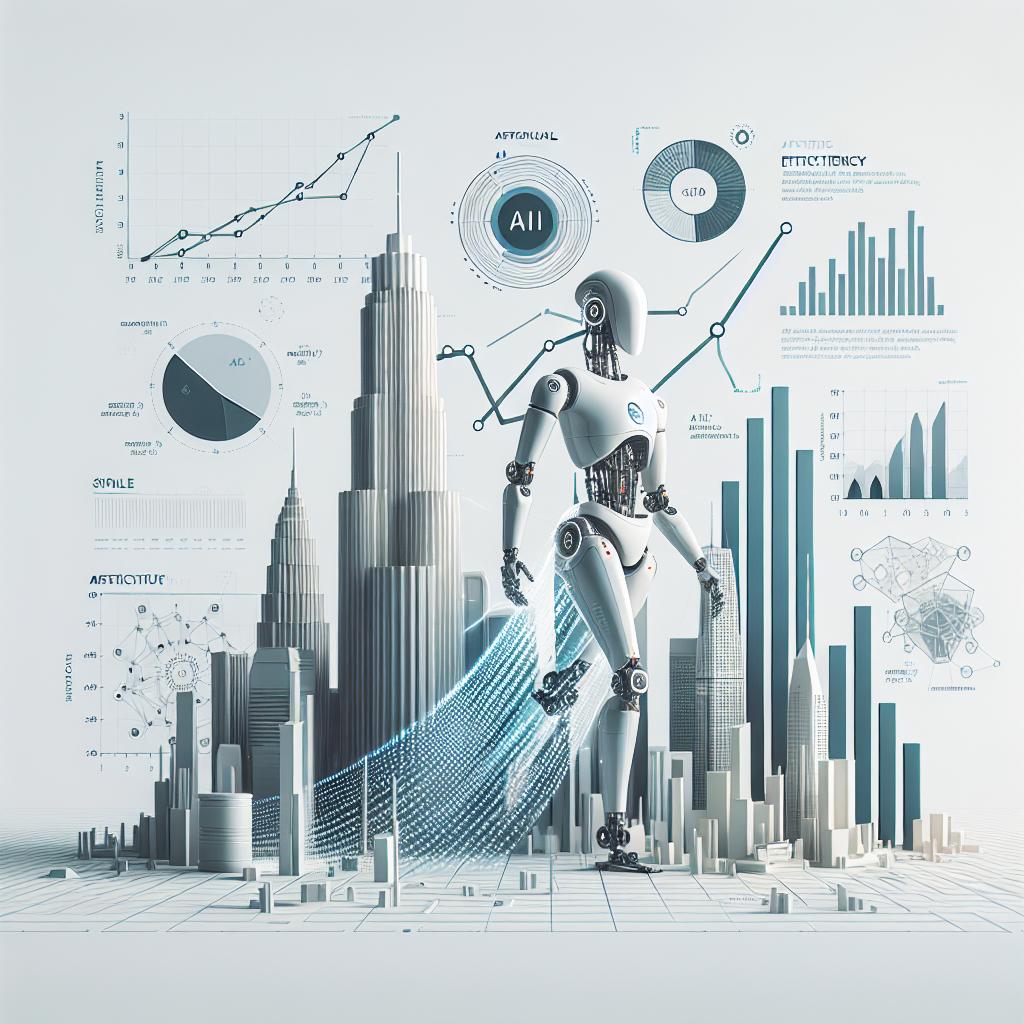 Create a 2D, flat, corporate style, vector illustration set on a white, textureless background. Depict a robot symbolizing the new generation of artificial intelligence. The robot is sleek and futuristic, exemplifying the frontier of technological advancement. Insert graphs around the robot showcasing the efficiency of the AI model, represented as soaring lines and bars, implying its capability to surpass its contemporaries. Display futuristic cities in the background with cutting-edge buildings and technological landmarks, establishing the context of rapid technological progress. Include abstract logos of multiple competing companies, signifying the fierce competition in the artificial intelligence sector.