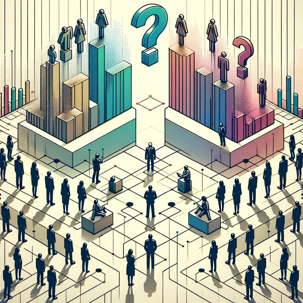 The image is to depict the disparities in perspectives towards generative artificial intelligence between the C-suite and V-suite executives. Given in a flat, vectorial, corporate style, the image primely consists of a white, texture-less background in a 2D linear perspective. Some silhouetted figures, representing various levels of management, offer a finishing contrast, distributed across the scene. Colleague interaction can often be seen as colorful bar graphs symbolize the opportunities in generative AI. Lastly, a large, stylized question mark hovers above them all, representing uncertainty and intrigue towards future developments in technology.