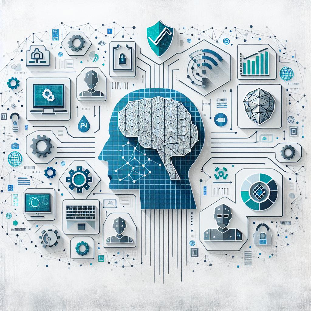 Create a 2D, linear designed, vector-styled visual representation that portrays the relationship between Artificial Intelligence and its application in various fields on a textured white backdrop. The fields are cybersecurity, automation, and software development. The image is corporate and flat-styled, containing futuristic graphics and elements to convey the idea of modernity. There's a pixelated brain symbolizing AI and innovation, growth graphics depicting the increasing adoption of technology, and humanoid robots illustrating automation's business importance. The image also includes hues of blue and silver, which evoke technology and modernity, and network connections to symbolize the interconnection of technologies.