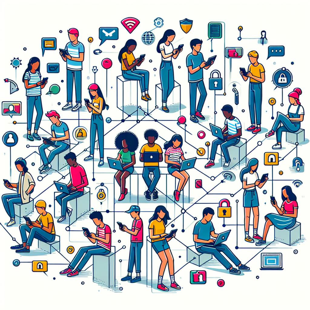 Create a 2D, linear, corporate-style digital illustration set on a white, textureless background. The scene should depict a diverse group of teenagers of varying descents such as Hispanic, Middle-Eastern, Black, and Caucasian, and different genders, all interacting safely with technology. They should be shown using digital devices, symbolizing their connection with technology. The overall scene should represent an interconnected digital network. The illustration should feature vibrant colors to convey a sense of optimism and safety, additionally incorporate safety symbols such as padlocks and shields, symbolizing protection and online safety.