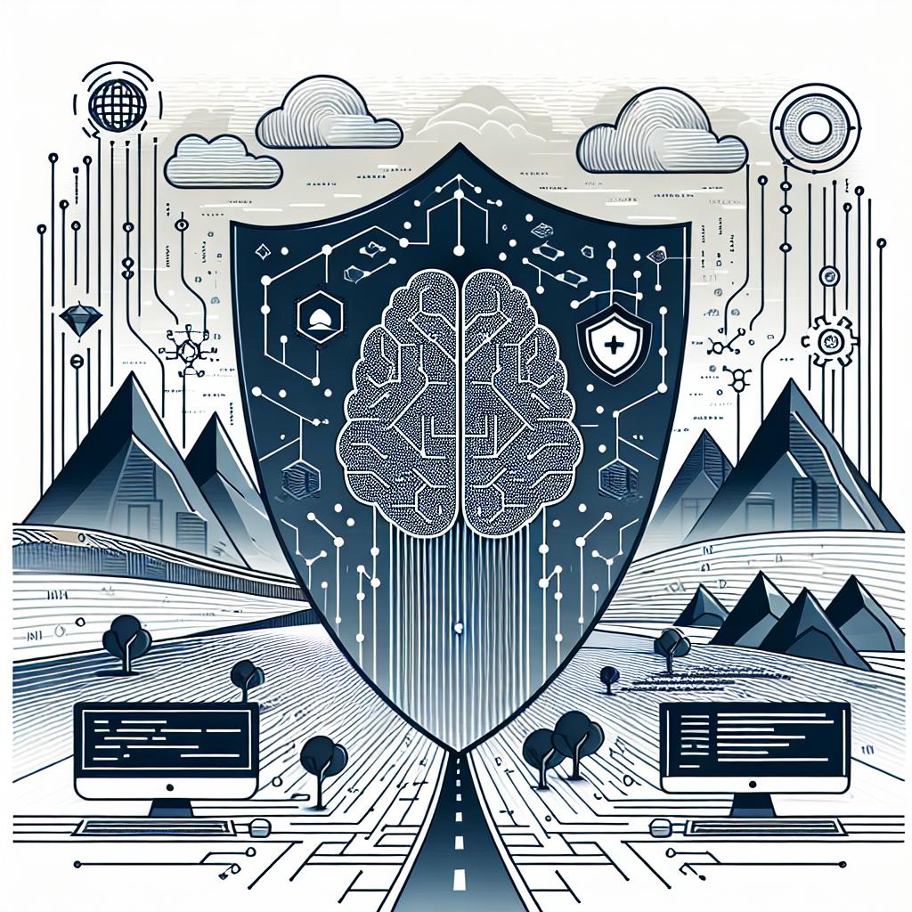 Create an image in a vector-based flat corporate style, using a perspective that is 2D and linear. The background should be white and without texture. The image represents the intersection of safety and artificial intelligence, symbolizing advanced technology and protection. Key elements to be included are: a digital brain which represents the concept of artificial intelligence, an all-encompassing shield symbolizing safety and protection, streams of code flowing out of a computer illustrating technological development, and in the distance, silhouette mountains representing the challenges and goals to be reached. Please avoid any recognisable characters, logos or copyrighted material.