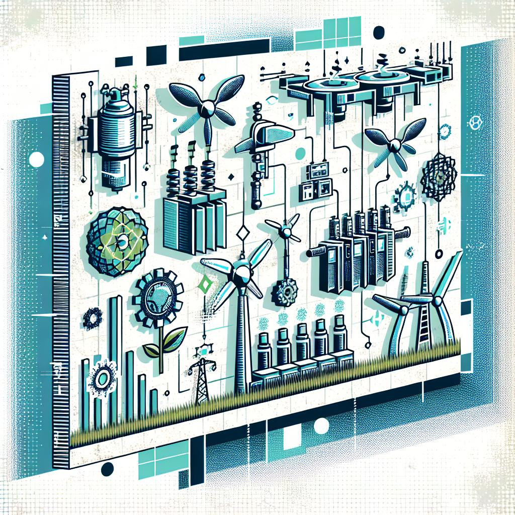 Give form to a 2D, linear perspective image that fits into a corporate and flat vectorial style. It showcases technological innovation and energy challenges as addressed in the February 2025 edition of the IEEE Spectrum magazine. The image features a white, textureless backdrop against which stylish, modern graphic elements, in shades of blue and green to symbolise technology and sustainability. These elements visually represent transformers signifying the supply crisis in energy, agricultural drones symbolising the use of AI in agriculture, and a fusion reactor denoting breakthroughs in clean energy.