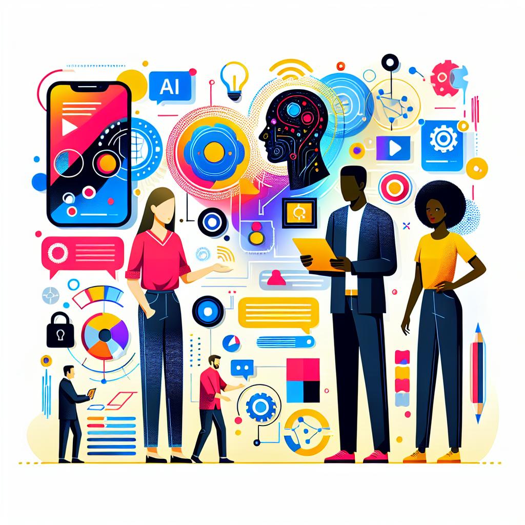 Create a 2D vector image in a flat, corporate style, featuring the interaction between users and an advanced AI tool. The characters are diverse, with a Caucasian female and a Black male interacting with the interface, symbolizing the user experience. The image is filled with various design elements that represent customization and vibrant colors to evoke innovation and freshness. In the background, create an abstract representation of AI in a delicate balance with user-friendly design. All this is set against a plain, white and textureless background, highlighting the objects and characters.