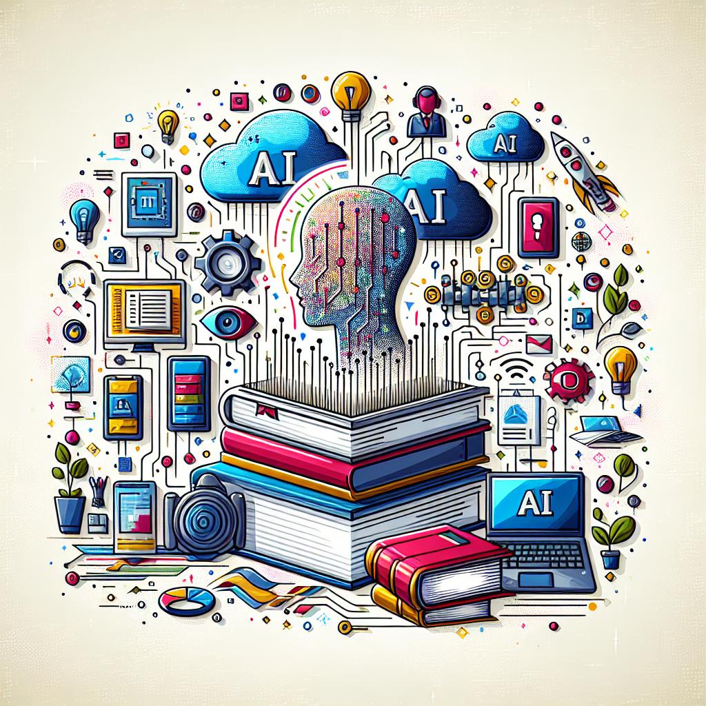 Depict an image that signifies the digital transformation through Artificial Intelligence (AI). The scene should be in 2D, with a white and texture-less background. The illustration style is flat and corporate, composed of vibrant colors, symbolizing a dynamic and evolving future. The image should incorporate elements like technology circuits, AI icons, books, and laptops. Specifically, the technology circuits symbolize technology and innovation, while the AI icons highlight the theme of Artificial Intelligence. The books and laptops represent learning and education. This ensemble is for the month of December where a fictional tech company launches an initiative titled '12 Days of Learning'.