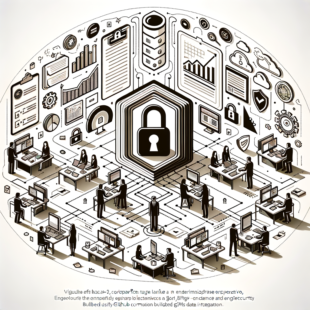 Visualize a flat, corporate, and vector-style image taking a linear, 2D perspective against a white and textureless background. The image should show an array of elements that cue the launch of a new enterprise plan for a tech company. These elements include a diverse team of professionals, working on computers and tablets, symbolizing technological integration and teamwork. Include lock icons, signifying data security, superimposed on and around the devices. Display the octocat, a logo reminiscent of GitHub, to denote built-in GitHub integration. Lastly, picture documents and charts, illustrative of knowledge and data management.