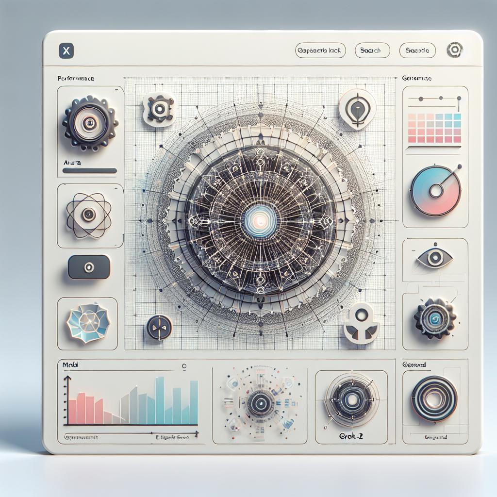 Visualize a flat, corporate style, vector art inspired snapshot of the interface of an Artificial Intelligence platform X. The platform showcases elements representing high-tech AI. Emphasize on the newly launched 'Grok-2' model and its enhanced capabilities with its symbolic icons. The background is a clean, texture-less white. The 2D, linear perspective reveals various functionalities. These include a performance graph that signifies Grok-2's improved speed and accuracy, a search icon indicating the novel web search feature, a generated image illustrating the model 'Aurora' in action, and an interactive 'Grok' button symbolizing the new interaction feature for users.