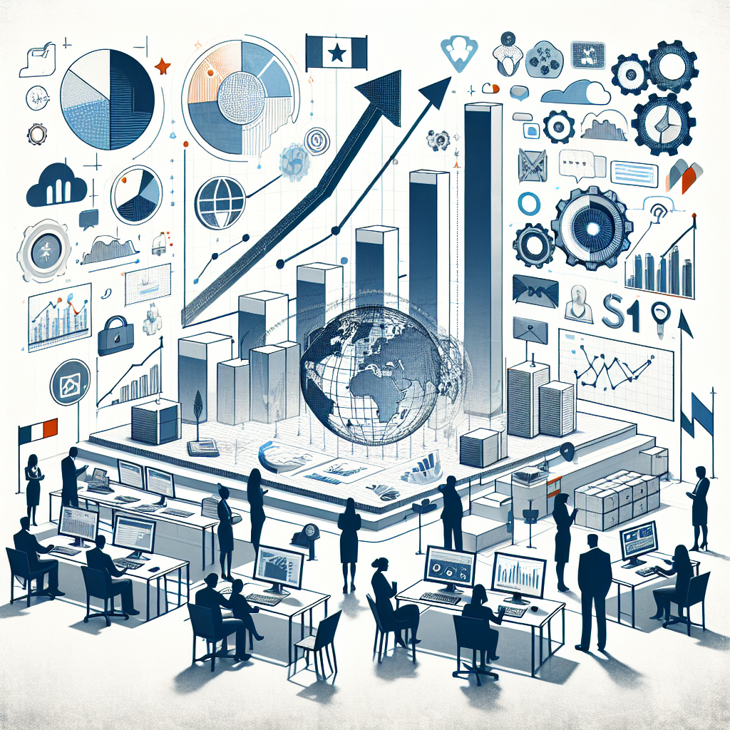 Visualize an illustration in a corporate, vector and flat style, set against a white, textureless backdrop. The illustration is a modern business environment, integrating Cohere's new Command R models represented visually. Performance charts appear, rising upwards to symbolize increased productivity and positive results, with user interactions with the technology. The background incorporates elements symbolizing innovation and efficiency like gears and upward-moving charts. Also present in the environment are computers and mobile devices, highlighting technology's integration into the workspace. Security icons are prominently displayed, emphasizing data privacy and safety concerns. Lastly, flags from various countries are scattered throughout the scene, underlining multilingual support and worldwide operation.