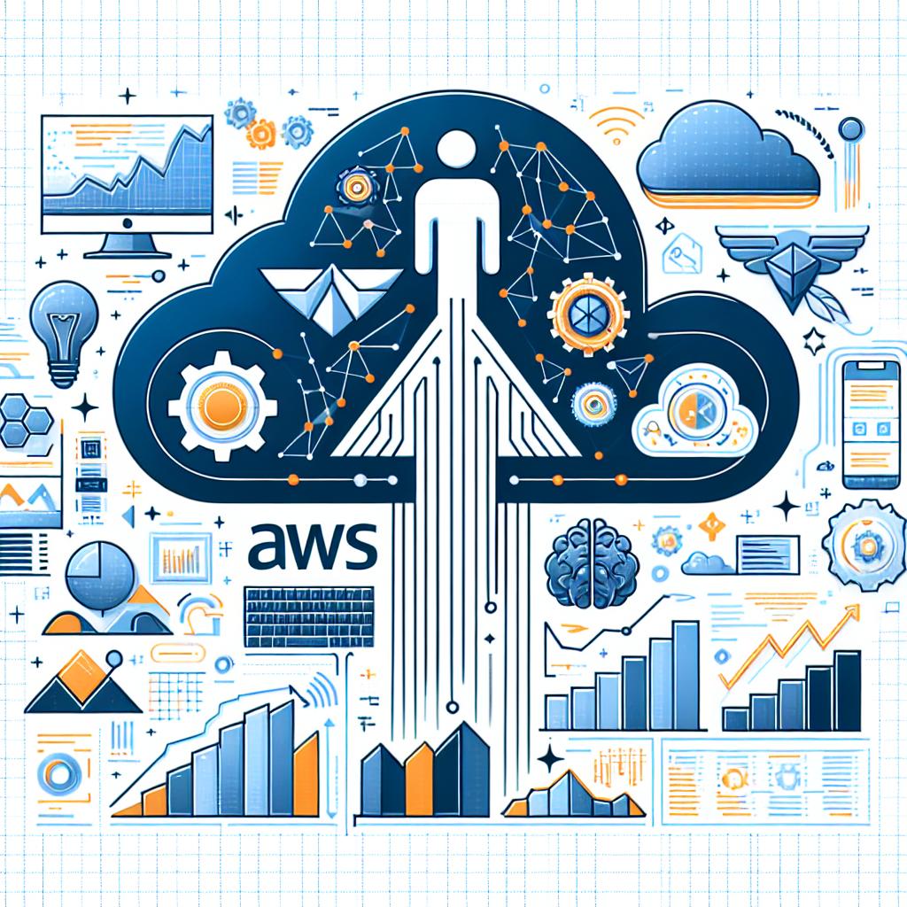 Create a 2D, linear, vector illustration in a flat, corporate style. The image should be set against a white, textureless background and depict the launch of the Automated Reasoning checks by AWS during the re:Invent 2024 conference, with elements representing reliability and innovation in artificial intelligence technology. Highlight a corporate logo symbolizing AWS, the company behind the innovation. Include AI-themed icons to symbolize the breakthrough in artificial intelligence. Data charts should also be present in the image, to illustrate the verification and validation of the generated information. Use hues of blue and orange throughout the image to represent technology and innovation.