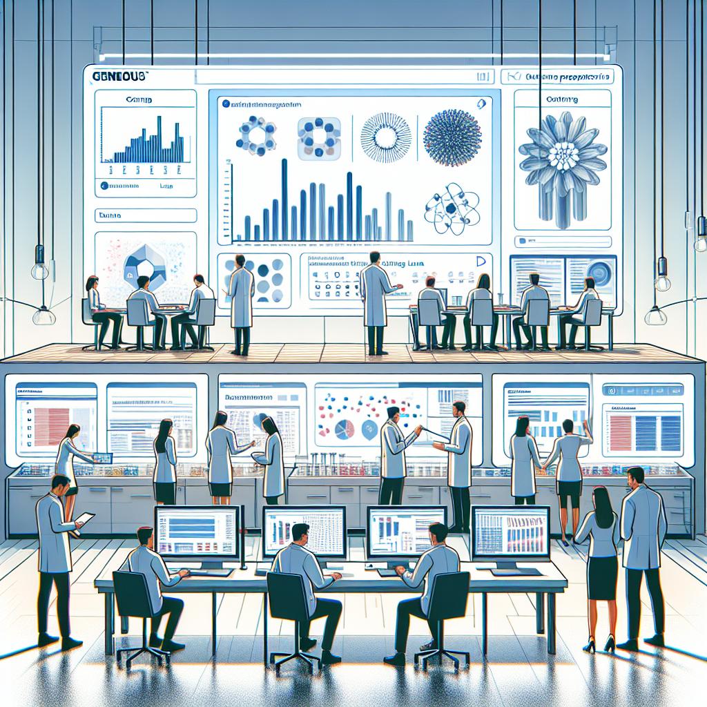 Generate an image in 2D linear perspective with a white and textureless background. The scene takes place in a modern lab, symbolizing technological advancement in scientific research. A diverse group of researchers are seen interacting with the Geneious Luma platform with focused discussions on data analysis and the discovery of new drugs. They are seen in a collaborative environment illustrating interdisciplinary collaboration. A large screen displays analytical data and graphs from the Geneious Luma platform, clearly demonstrating the application of the platform in biomedical research. The image should be in a flat, corporate, vector style.