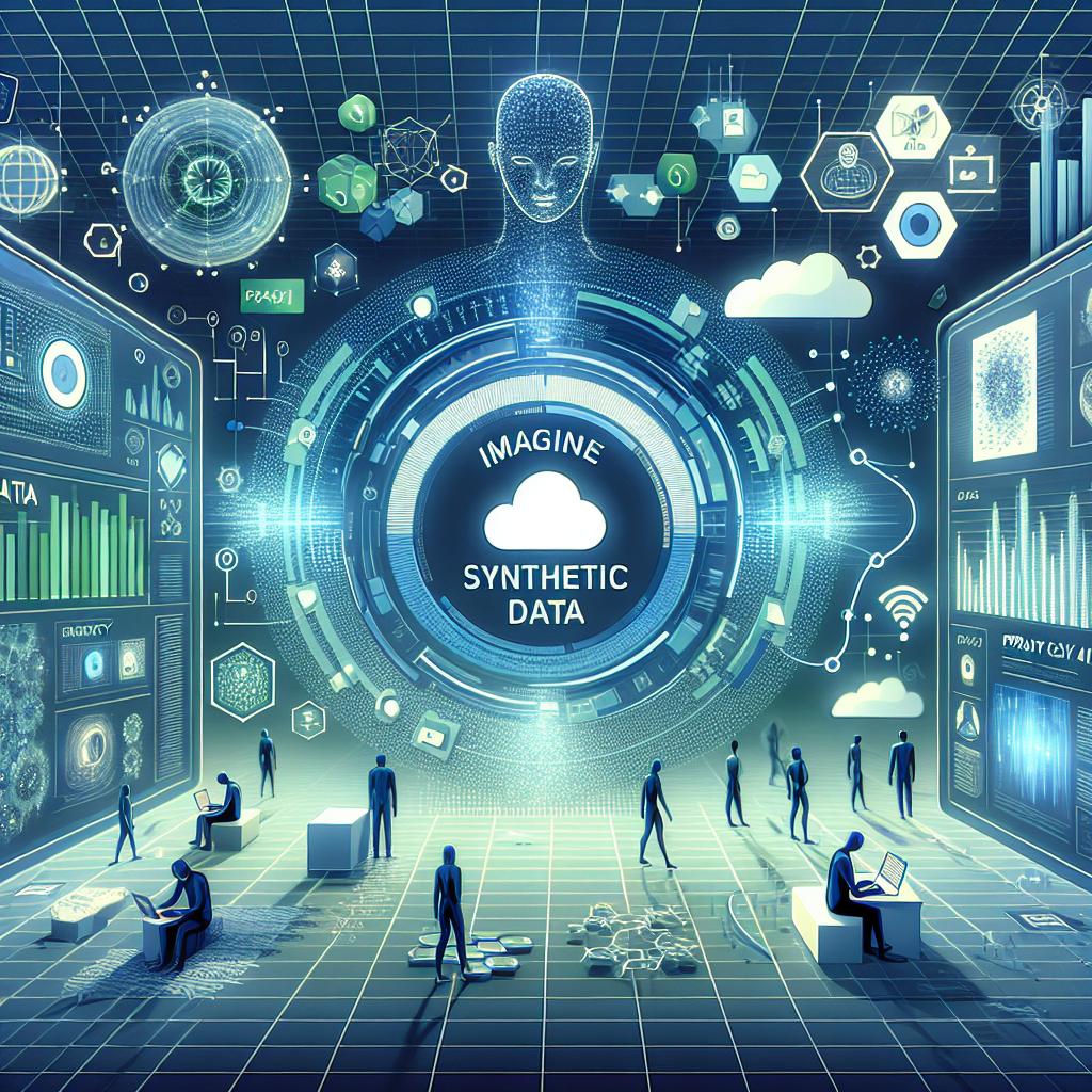 Imagine an illustrative image that depicts the concept of synthetic data, a key element in the development of artificial intelligence. The image consists of various representations of synthetic data, including data graphs and AI visualizations interacting with the data. This scene embodies a technological and futuristic ambiance symbolizing the evolution of data practices within AI. This is designed as a 2D, linear perspective image in a vector, flat, corporate style. Additional elements to be included are data analysis graphs, privacy icons emphasizing data security, and practical AI application images. The color palette for the image is made up of blue and green shades, signifying innovation and technology. The background should evoke a futuristic and highly digital environment, devoid of texture and colored white. Make sure all these elements come together to suggest an advanced and digital atmosphere.