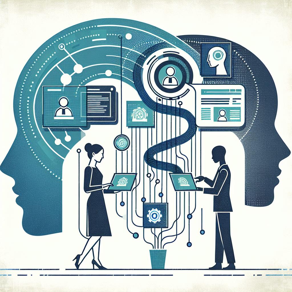 Picture a 2D, linear, futuristic scene representing the interaction between workers and data, highlighting the application of AI in corporate environments. The style is flat and corporate, set against a white, textureless background. The image features silhouettes of an Asian woman and a Black man, each interacting with digital screens symbolizing knowledge workers. Swirling around them, the icons of data flow represent interplay with artificial intelligence. The overall color scheme should include shades of blue and green, symbolizing technology and innovation.