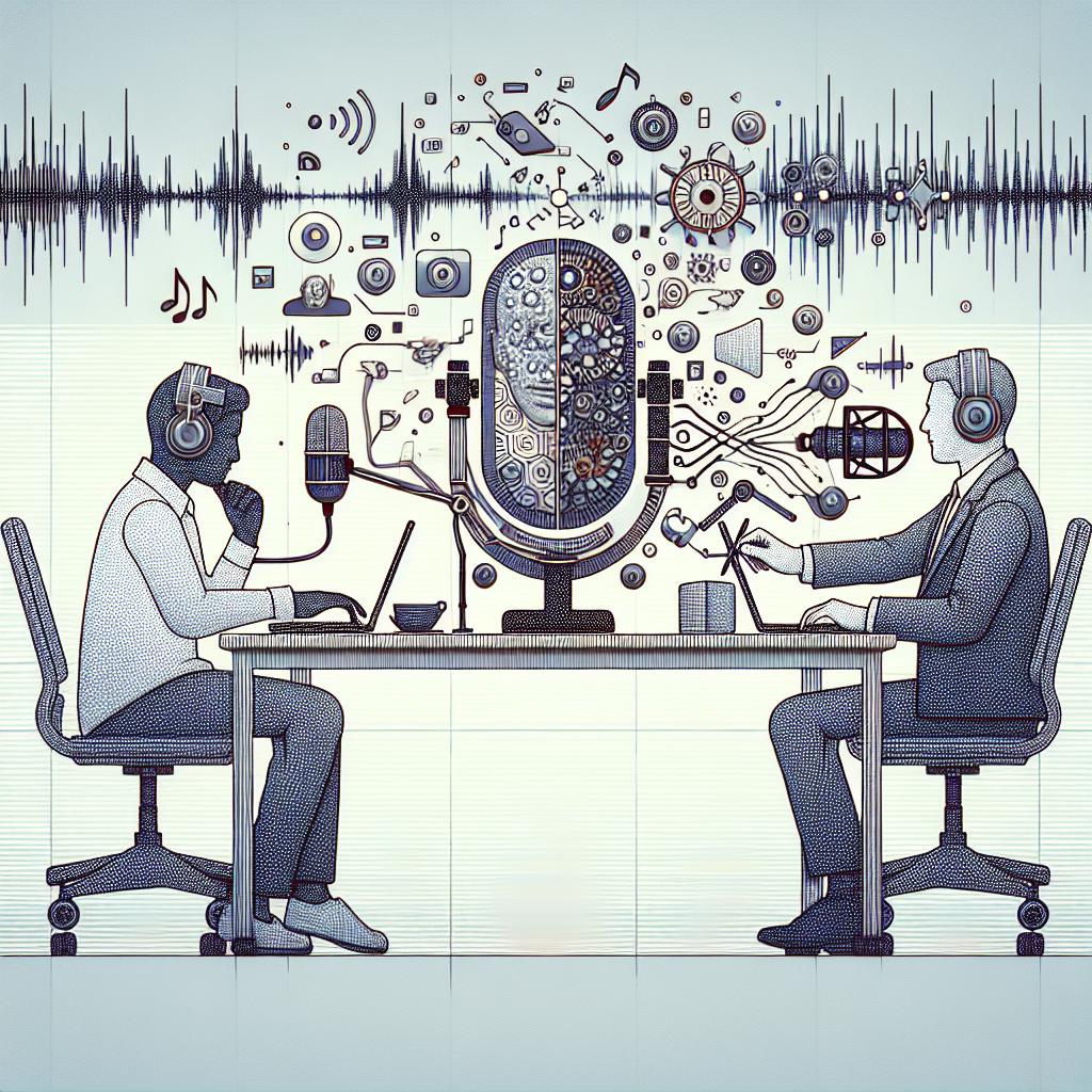 Imagine a flat, corporate-style image in 2d linear perspective. The setting is a simple, white, untextured background. In the foreground, a podcast host of undefined gender and descent is engrossed in the process of creating content. They are working on a representation of modern technology, a computer, indicating their use of advanced tools for content creation. In the background, artificial intelligence's application in narration and audio content production is symbolized through visual representations of AI graphics intermingling with audio waves. The symbiosis of technology and creativity in the new era of podcasting is the central theme of this image.
