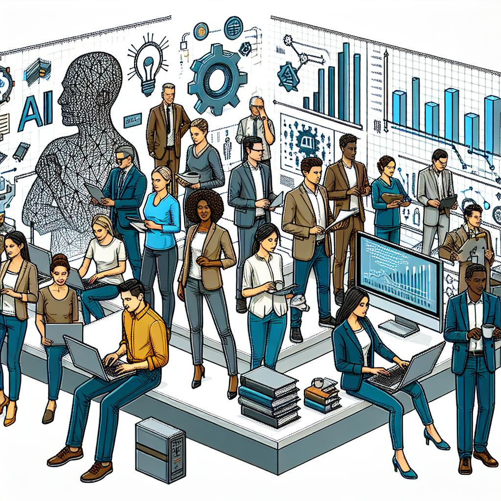 An image in a 2D, linear perspective featuring a team of diverse developers. There should be men and women of varied descents such as Caucasian, Hispanic, Black, Middle-Eastern, and South Asian, all actively collaborating and working on building a modern platform. Behind them, elements like computers, signifying technological infrastructure, symbolic representations of AI illustrating the integration of artificial intelligence, and graphs displaying metrics emphasizing the importance of measuring results. The backdrop should be kept plain white with a flat, vector, corporate style. The image must symbolize the urgent need of organizations to adapt their development platforms to the escalating market demands for AI optimization.