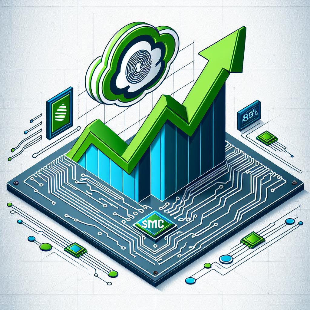 Create a 2D, flat, corporate-style vector image on a textureless white background. The center of the image should be a rising graph depicting significant growth, symbolizing the recent rise in the stock of Super Micro Computer (SMCI). Alongside this graph on either side, feature the logo of SMCI and a generic AI chip, giving emphasis to SMCI's connection with the AI industry. Color the graph in vibrant green to denote growth, whereas the AI chip should be colored in techno-blue. Hence, it will portray the sudden 16% rise in the stock market and the year-to-date gains of 83% of SMCI.