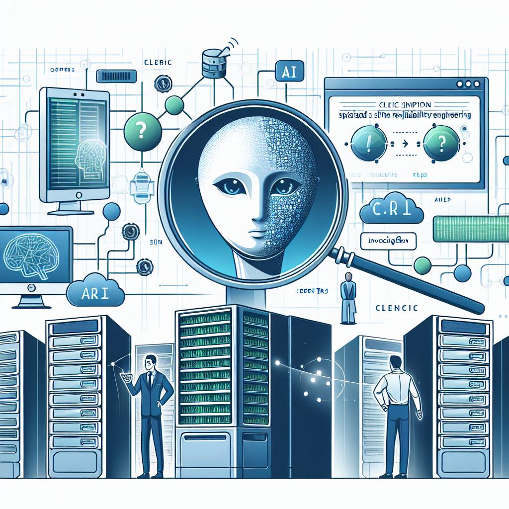 Create a visual representation of the future of problem-solving in engineering with artificial intelligence. The focal point of the image is Cleric, an artificial intelligence agent specialized in Site Reliability Engineering (SRE). Behind Cleric is a modern IT system, with data streaming between servers and an interface that embodies Cleric's investigative process, symbolizing the integration of AI in engineering. The illustration should be vectorial, flat, and corporate in style. The color scheme should use shades of blue and green to suggest technology and innovation. The perspective is 2D and linear, with a white and textureless background.