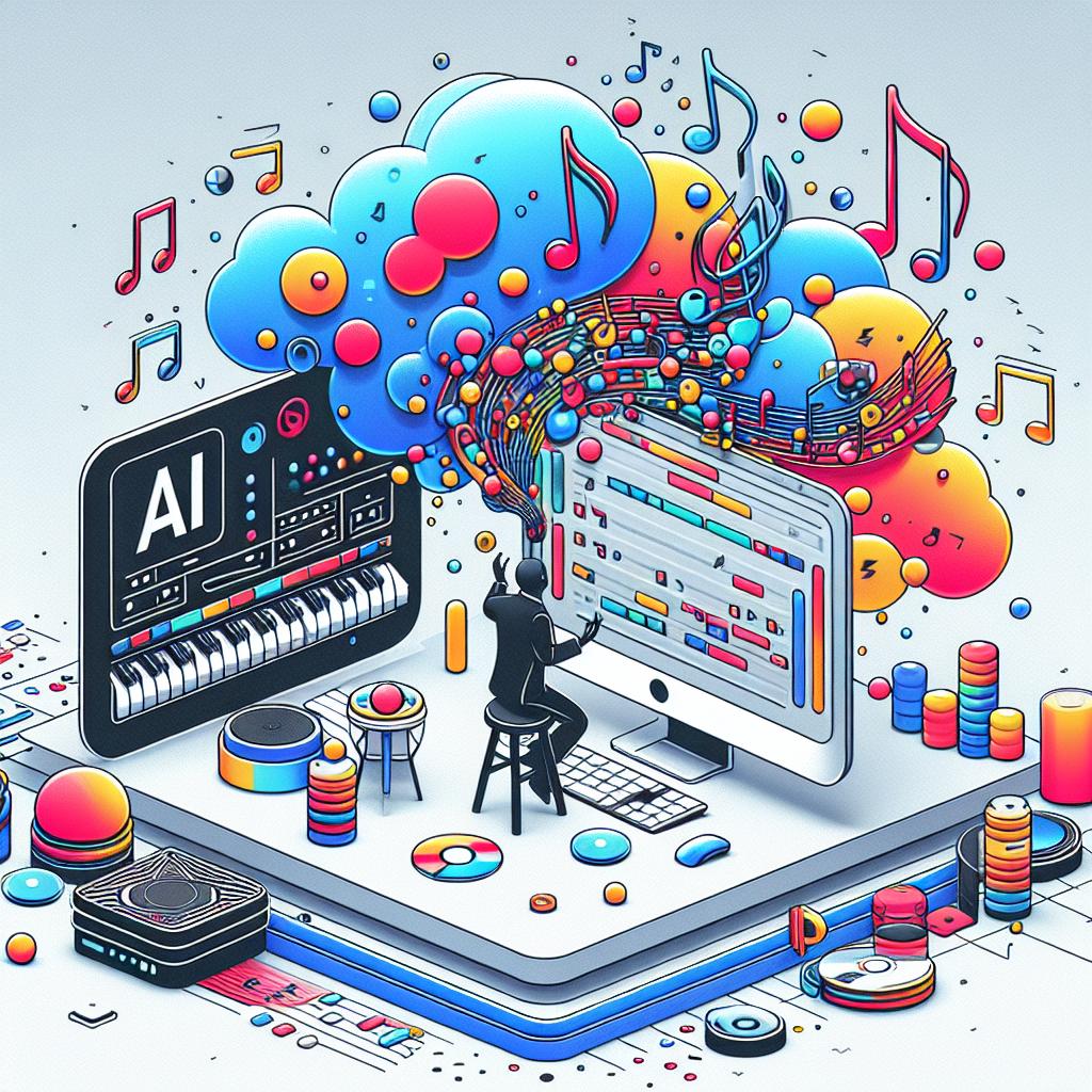 Create a 2D, linear perspective image in a vectorial, flat, and corporate style. The scene is set on a white, textureless background. The focal point of the image is the interface of a new platform launched by a San Francisco-based artificial intelligence startup, Riffusion. The interface should illustrate the functionality of the tool, allowing users to create original music using AI. Surrounding the interface, there should be floating musical notes symbolizing the process of musical creation. The scene should also include vibrant colors to attract attention to the innovation. Highlight the tech behind the musical creation with symbols of AI.