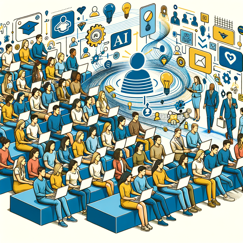 Portray an image in a flat, corporate style and in 2D, linear perspective, set at the educational environment of Arizona State University, also known as ASU. The image should show a broad spectrum of students with diverse genders and descents, all engaged in using laptops. Visualize AI and ChatGPT icons swirling around them, indicating the integration of this technology in their education. Show educators, again with diverse genders and descents, interacting with the students, symbolizing the practical application of AI in teaching. The color scheme should incorporate ASU's official colors: blue and gold. The background should be white and textureless.