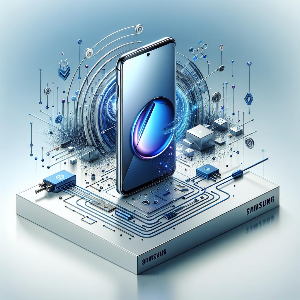 Create a modern, tech-advanced image with a flat, corporate style in 2D, linear perspective. The central focus is a sleek Samsung XR device, symbolic of cutting-edge technology, held in an untextured, white background. The device is silver and blue, consistent with Samsung's brand identity. Surrounding the device is an abstract, futuristic scene denoting innovation and technological progression—this could be depicted as Silicon chips, Graphene structures, or Quantum Dots. Interspersed within the scene are artificial intelligence icons accentuating the major role of AI in contemporary technologies. Please note not to include any brand logos or trademarks.