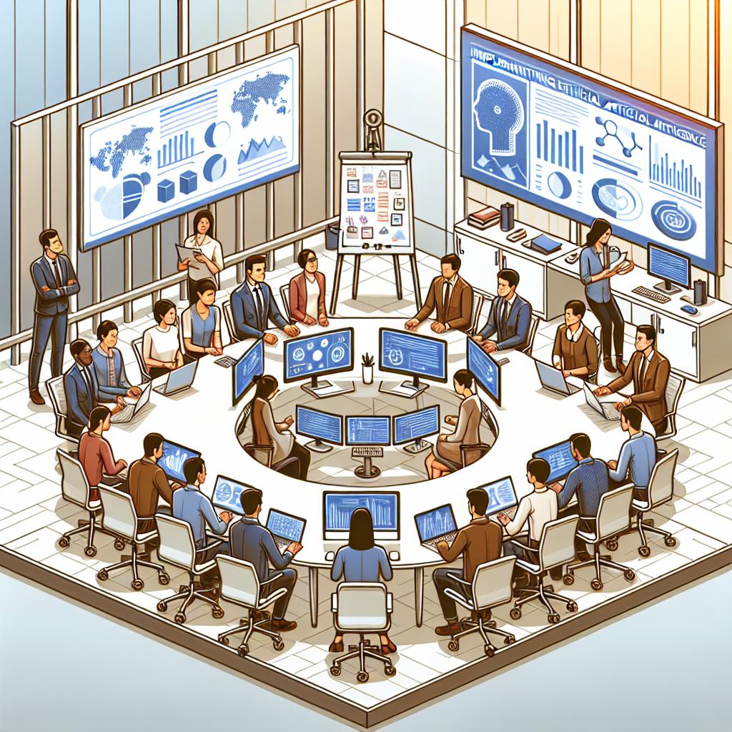 Create a 2D, vector-style image with a corporate, flat look. Picture a modern tech office setting where a diverse group of professionals are gathered around a round table, engaging in discussions about implementing ethical practices in artificial intelligence. The table should symbolize team collaboration and discussions, populated with computers and graphs to indicate technology and data analysis. In the background, feature a whiteboard filled with brainstorming notes and ideas. The room should be well-lit, suggesting an innovative and positive workspace. The entire scene should be set against a plain, untextured white background.