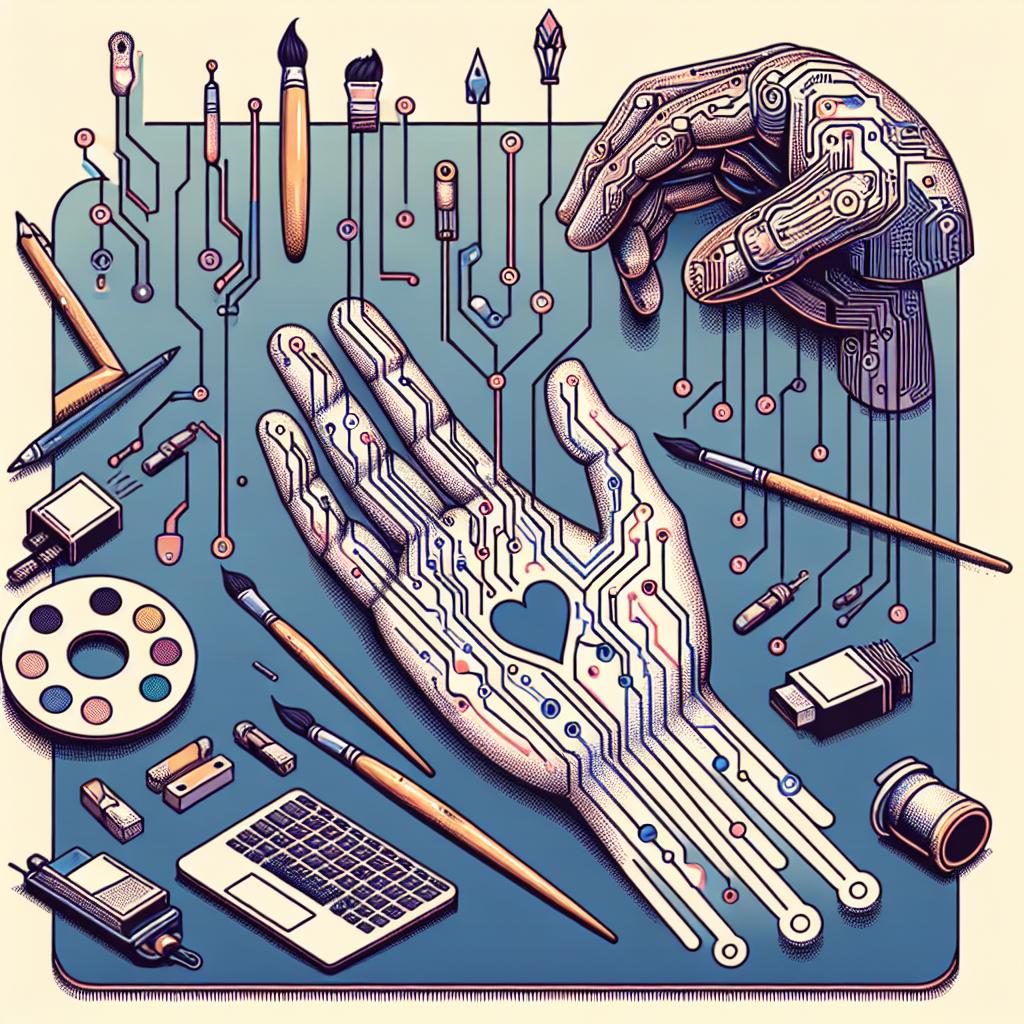 Create a 2D, linear perspective vector style illustration against a plain white background. The main theme of the image should signify the intersection of humans and Artificial Intelligence. Depict a human hand, symbolizing human creativity and authorship, intermingling with circuit-like representations of AI as a tool. Both elements should be interacting as such that it indicates the balance of power in creative endeavours. Incorporate objects like a paintbrush and a keyboard symbolizing different forms of creation by humans. Lastly, at the center of these elements, place a heart which emphasizes the importance of 'soul' in the act of creation.