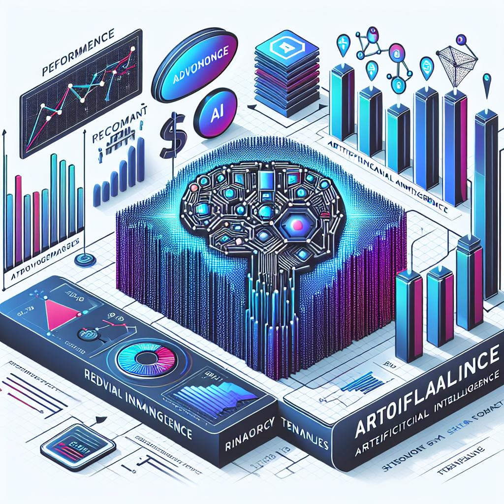 Create a 2D, vector style image with a corporate theme on a white background. The image should show advancements in technology and finance, consisting of performance graphs and Artificial Intelligence icons. Use additional elements for better representation such as bar charts symbolizing revenue growth, and technology icons to signify AI innovation. Deploy cool colors in the image design, implying seriousness and professionalism. It should visually communicate the impact of a new artificial intelligence product on accelerating sales amid falling revenue forecasts for the financial year.