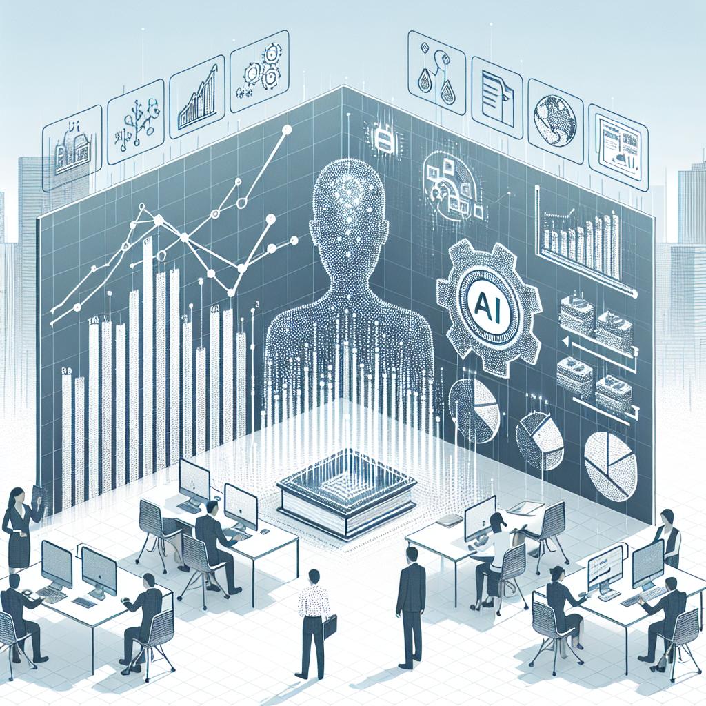 Create a 2D, linear perspective image with a white, texture-less background. The image has a corporate, flat vector style, representing a modern and technological workplace. It illustrates the impacts of Artificial Intelligence on the financial sector. Include growth charts that represent the increased efficiency in sales as a result of tech improvements implemented by a large, unspecified banking institution. Incorporate symbols or icons of AI to symbolize the digital transformation. The image should communicate an enhanced efficacy of data and customer interactions, depicting an increased efficiency of their sales teams and a reduction in their customer material preparation time.